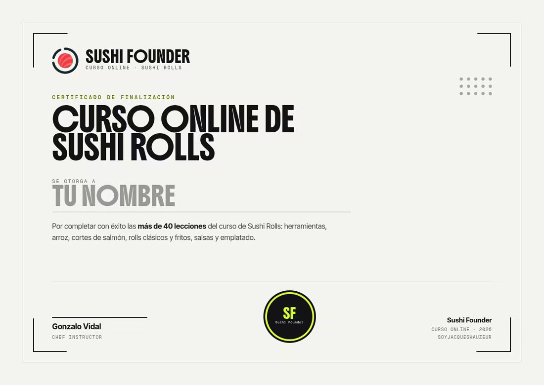 Certificado de finalización del curso de Sushi Rolls de Sushi Founder