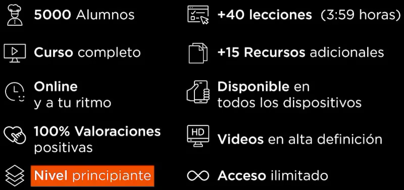 Resumen del curso: más de 5.000 alumnos, 40 lecciones, 3:59 horas de video, recursos adicionales y acceso ilimitado